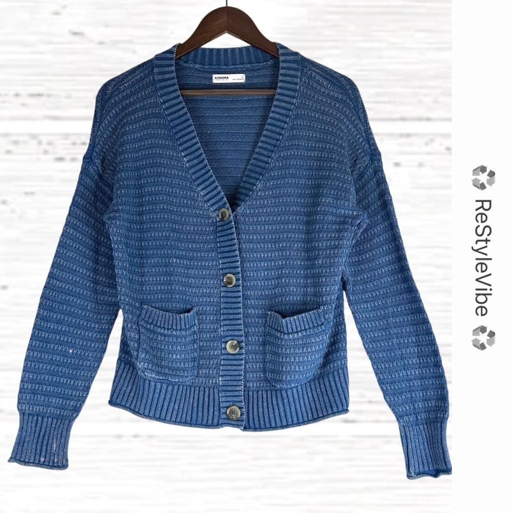 SONOMA Women’s Size S Sweater Cardigan V-Neck Grandpa Style Blue Grandma Coastal